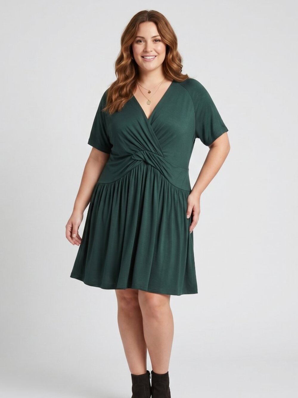 NWT | Dark Green V-Neck Drape Twist Front Babydoll Tunic Dress | XLarge